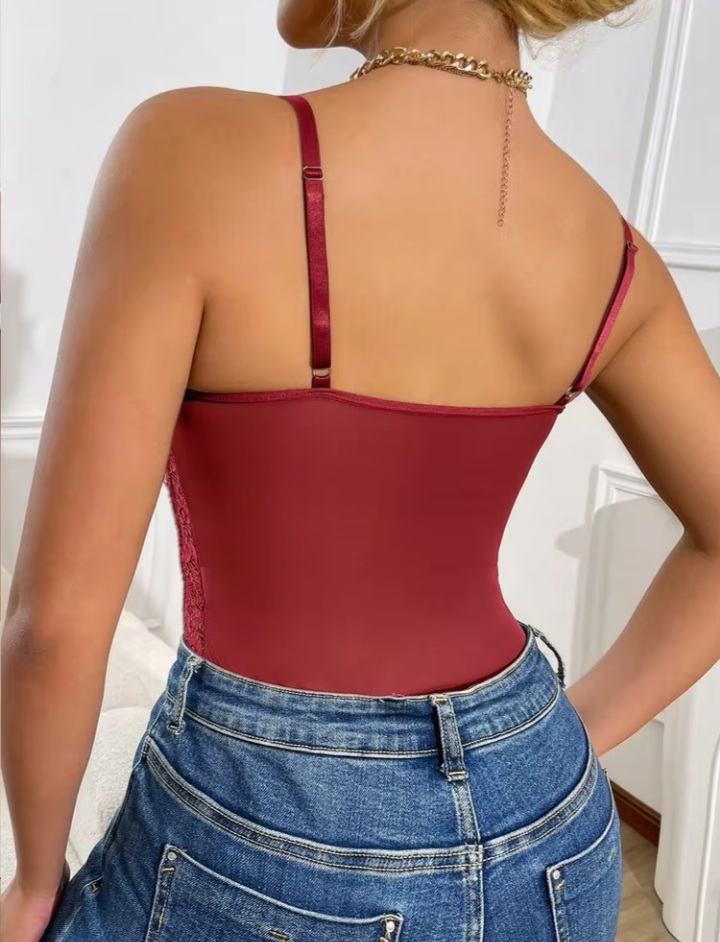 Women’s Burgundy Lace Bustier Bodysuit – Floral Lace Corset Style Camisole Top